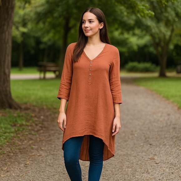 Dancing on the Horizon Dresses & Skirts - Long Sleeve V-Neck Button Front Midi Dress Tunic In Terracotta Medium